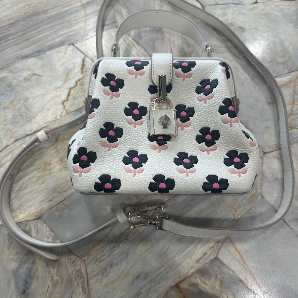 kate spade White Floral Leather Crossbody with Pink and Black Accents